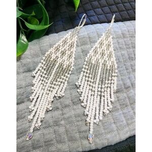 Handmade Long beaded Drop/Dangle chandelier big Hook Earrings. White Color